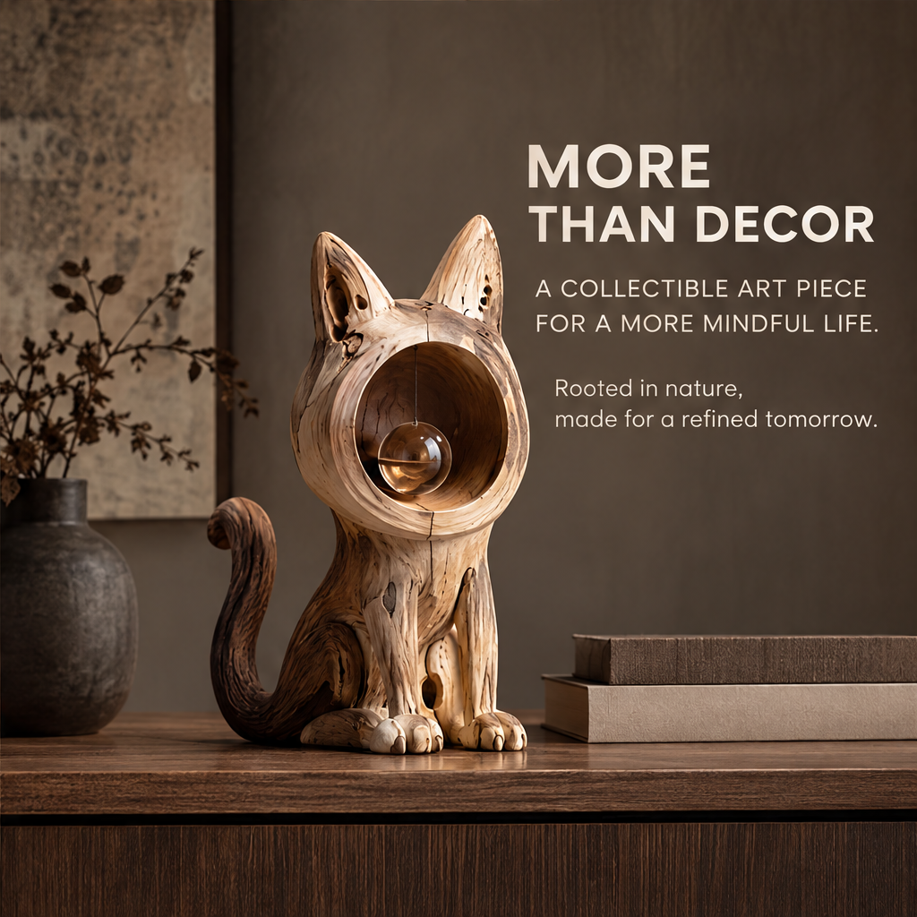 VELMIRN® wood grain cat sculpture — more than decor, collectible art piece for a more mindful life, styled on dark wood console scene