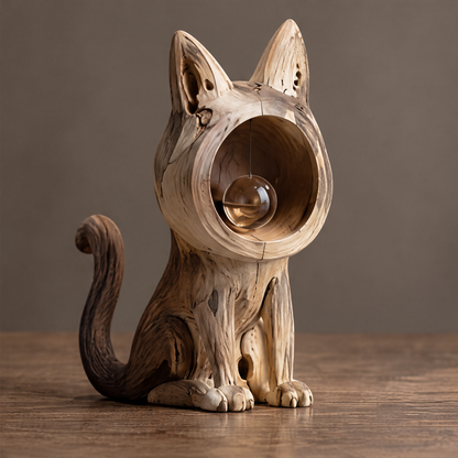 VELMIRN® wood grain cat sculpture — full product view, clean neutral background, hollow chest with suspended glass orb, curled tail