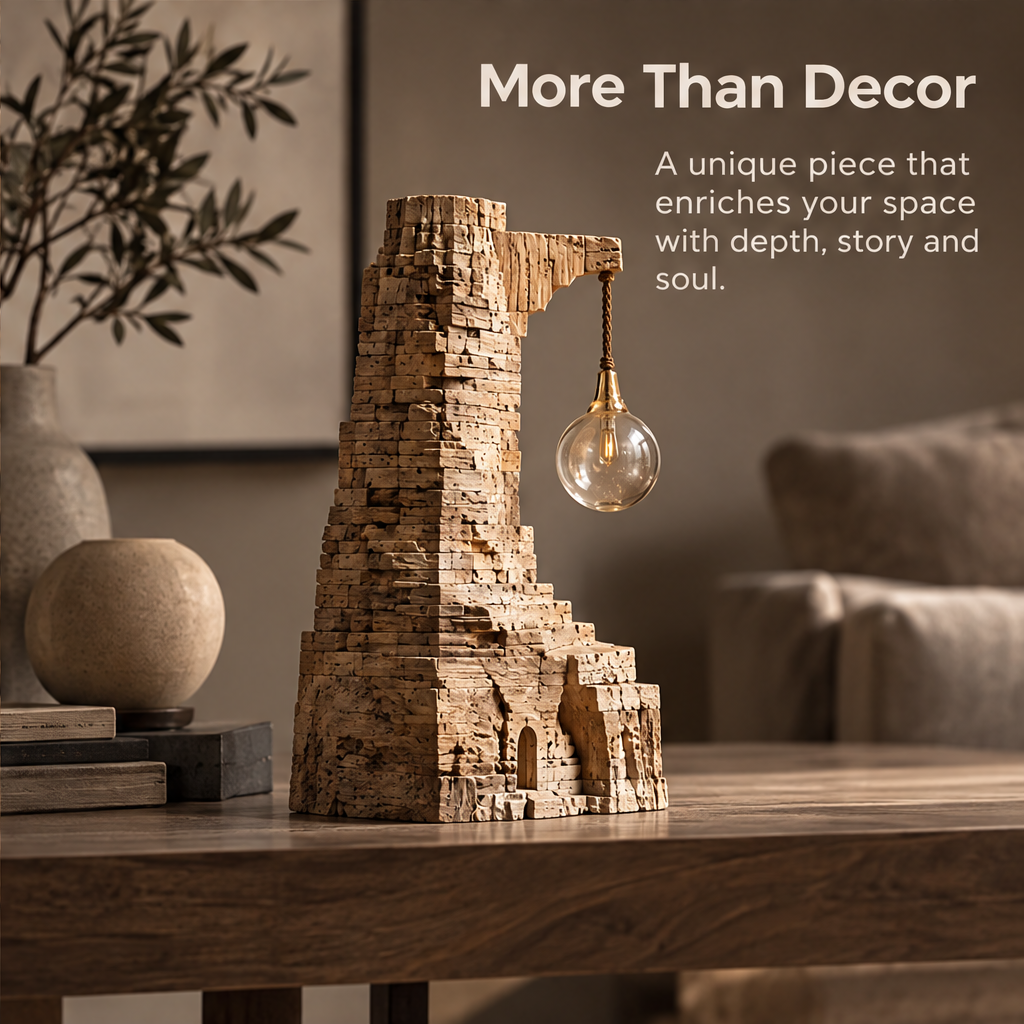 VELMIRN® ancient tower sculpture — more than decor, enriches your space with depth story and soul, living room scene