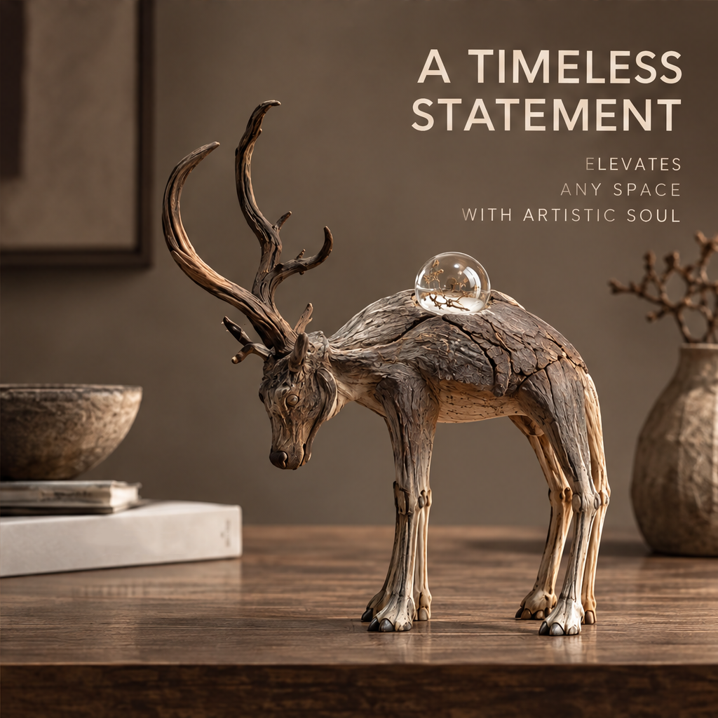 VELMIRN® driftwood elk sculpture — timeless statement, elevates any space with artistic soul, dark wood interior console scene