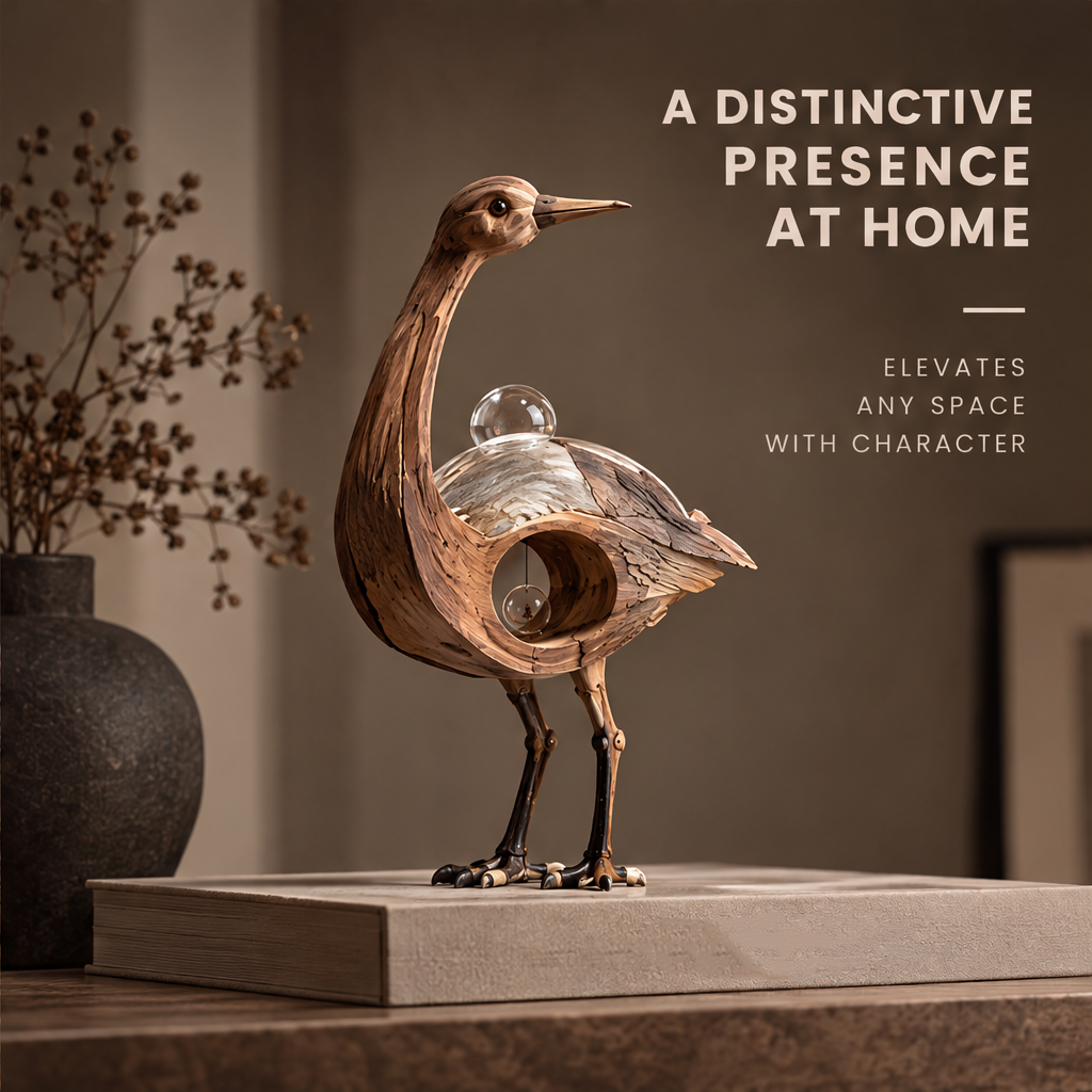 VELMIRN® wood heron sculpture — a distinctive presence at home, elevates any space with character, styled on book console scene