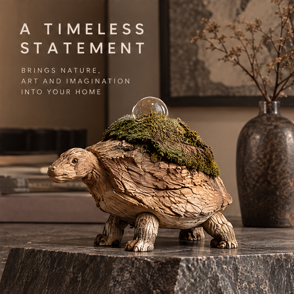 VELMIRN® wood grain tortoise sculpture — a timeless statement, brings nature art and imagination into your home, marble surface interior scene