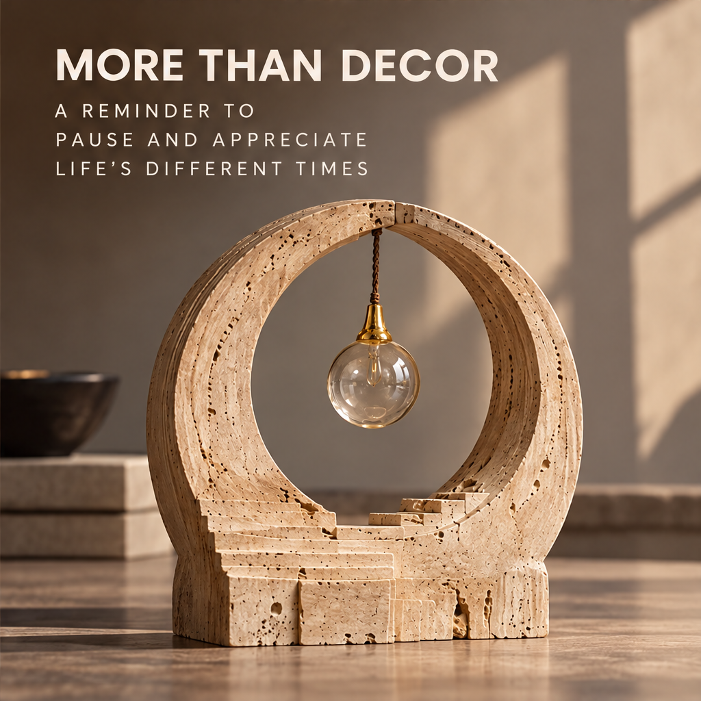VELMIRN® stone circle stairway sculpture — more than decor, reminder to pause and appreciate life's different times, warm light scene