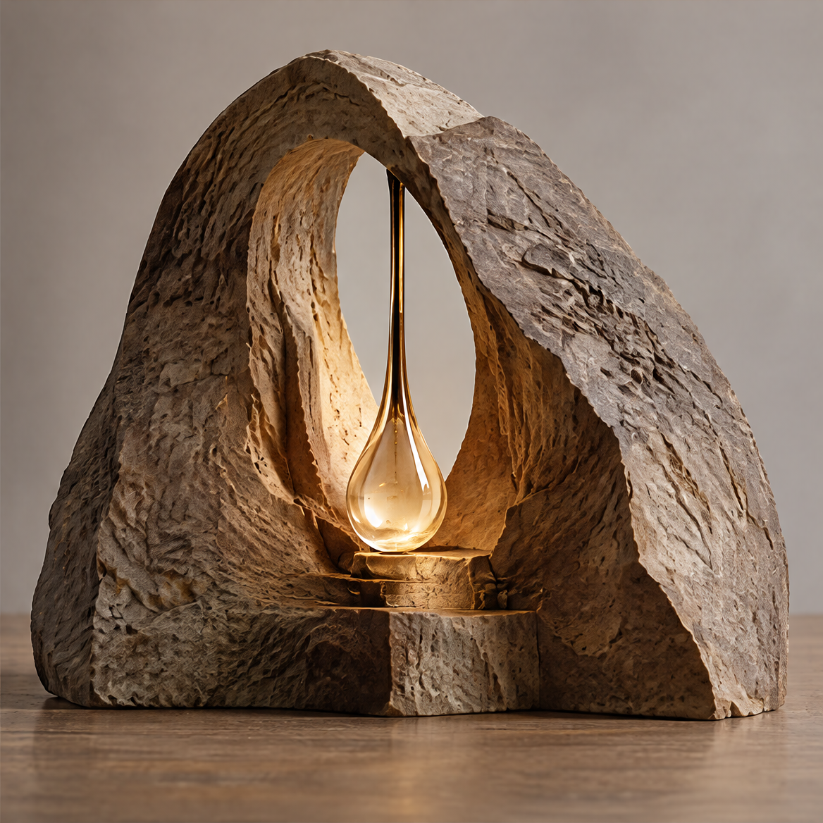 VELMIRN® stone cave glow sculpture — a calmer space within, styled on marble console with books