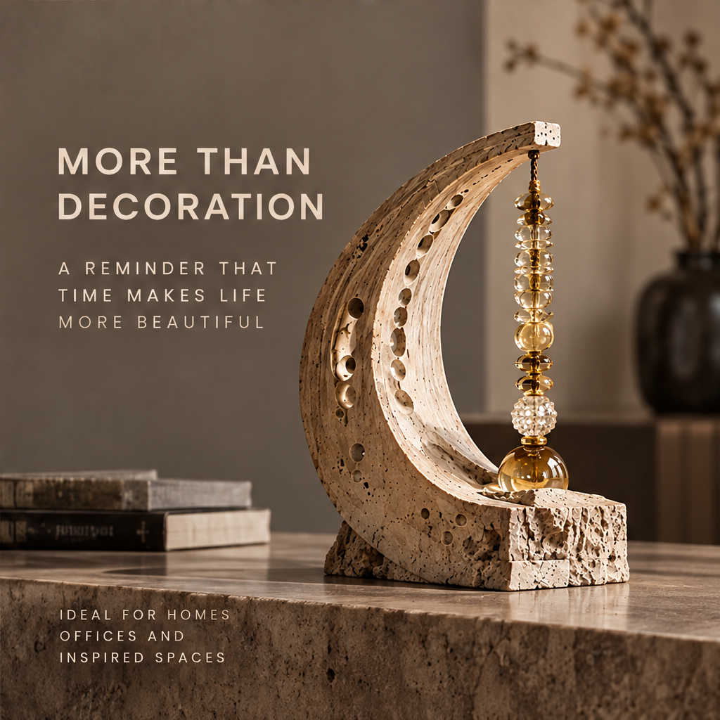 VELMIRN® crescent stone amber crystal sculpture — more than decoration, reminder that time makes life more beautiful, marble console scene