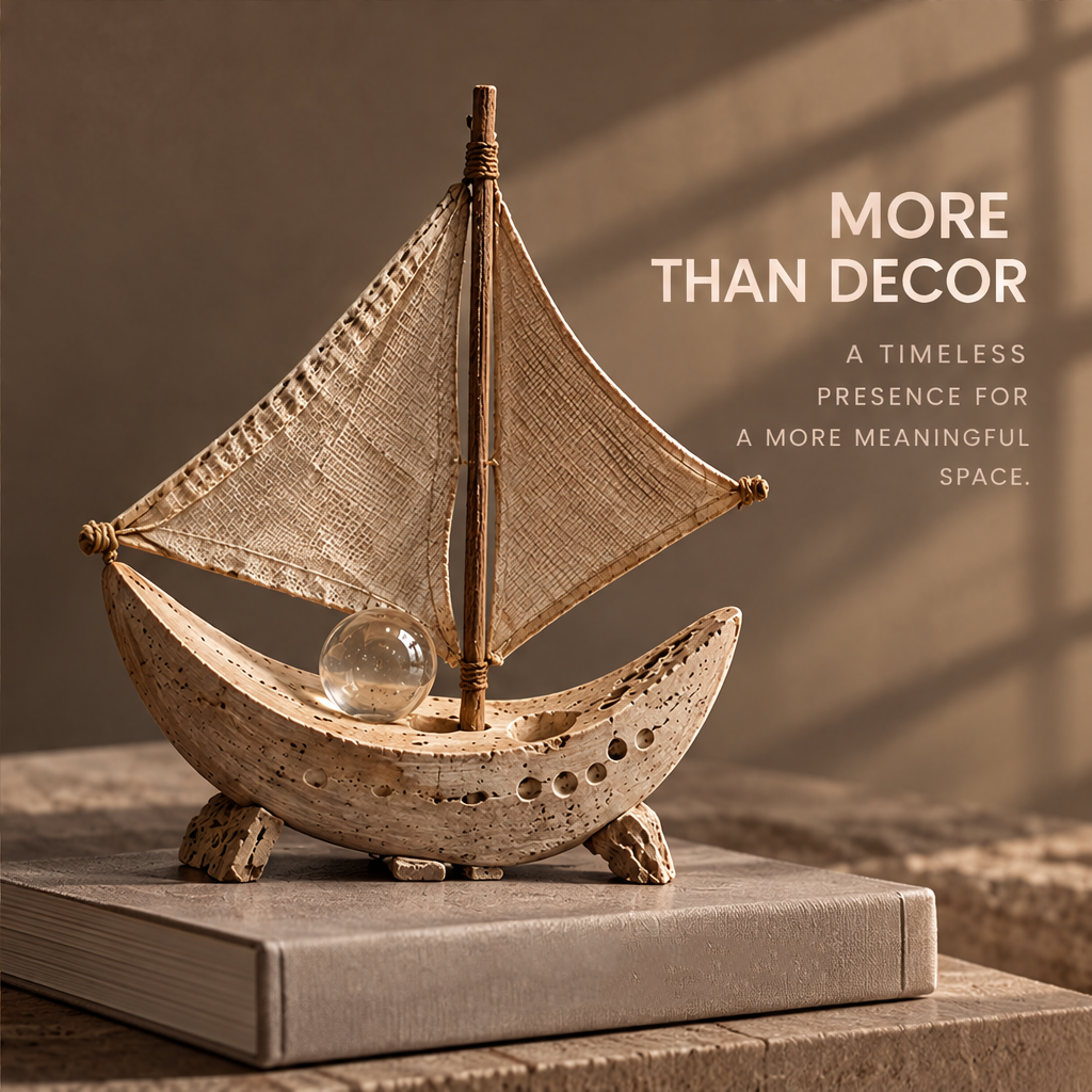 VELMIRN® stone sailboat sculpture — more than decor, timeless presence for a more meaningful space, styled on books scene