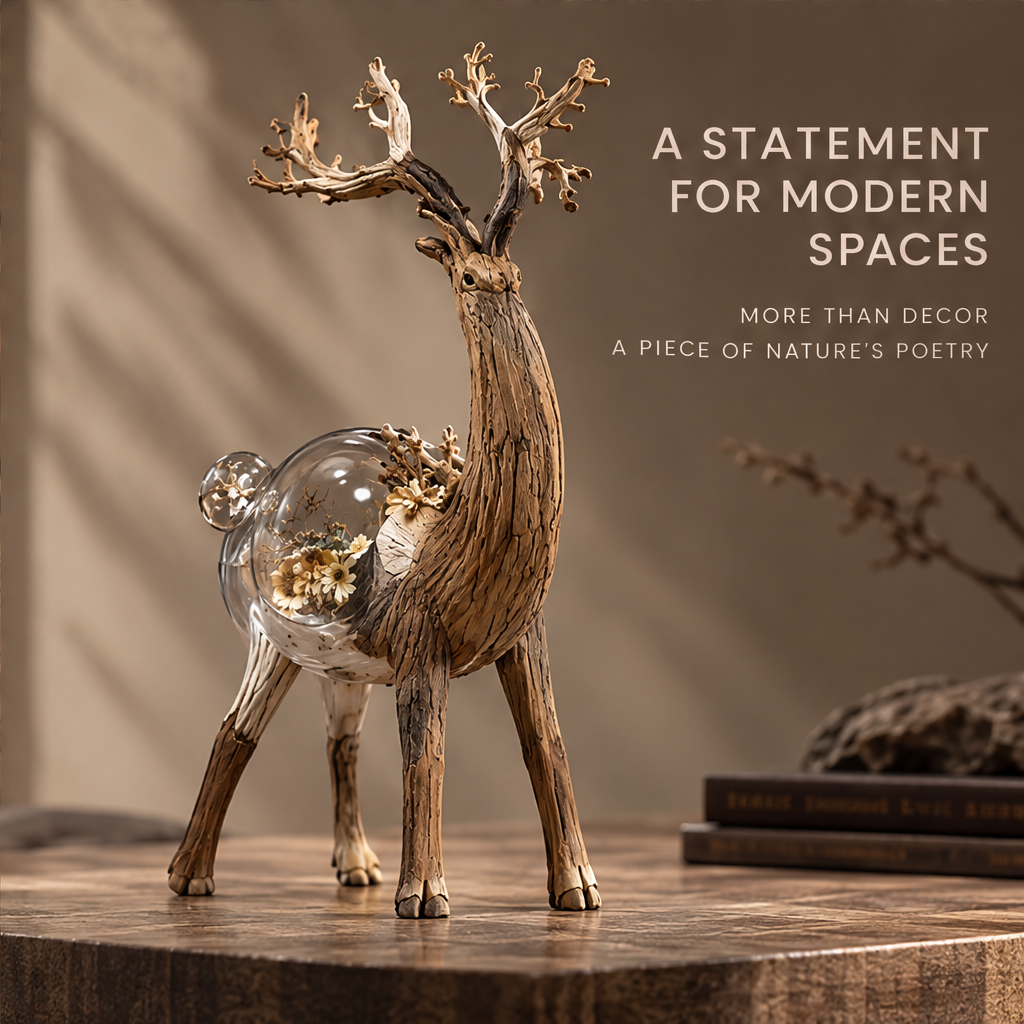 VELMIRN® forest deer sculpture — full product view, clean neutral background, bark-textured body with glass terrarium dried flowers
