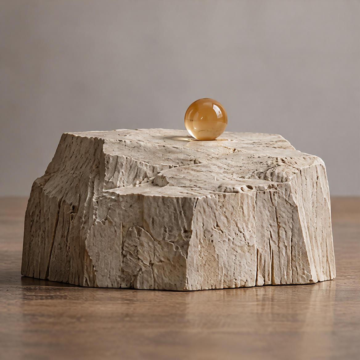 VELMIRN® emotional terrain stone sculpture — full product view, clean neutral background, amber orb on top