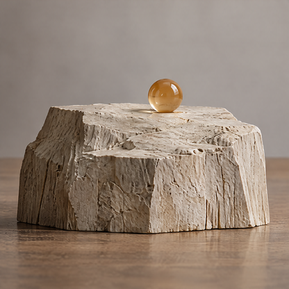 VELMIRN® emotional terrain stone sculpture — full product view, clean neutral background, amber orb on top