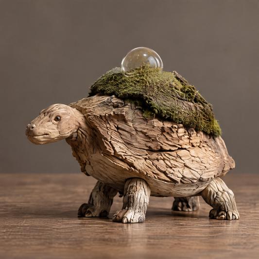 VELMIRN® wood grain tortoise sculpture — full product view, clean neutral background, cracked wood shell moss crown glass orb