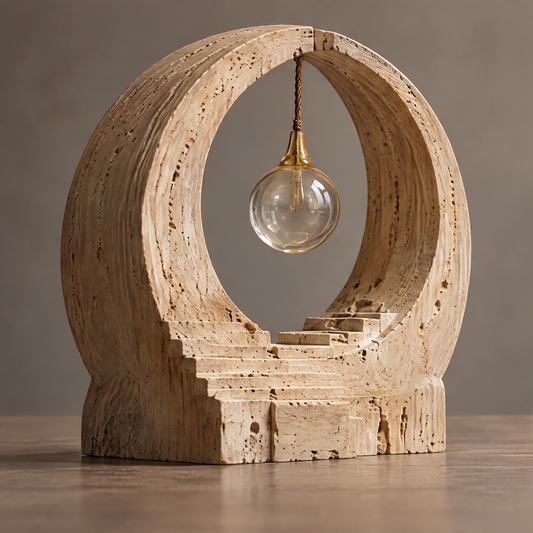 VELMIRN® stone circle stairway sculpture — full product view, clean neutral background, brass glass orb suspended in ring centre
