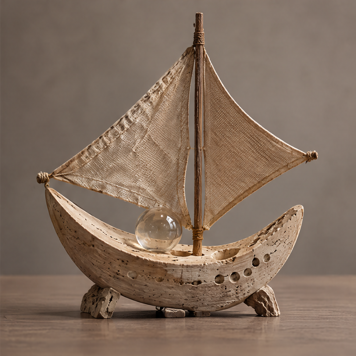 VELMIRN® stone sailboat sculpture — full product view, clean neutral background, linen sail wooden mast glass orb in travertine hull