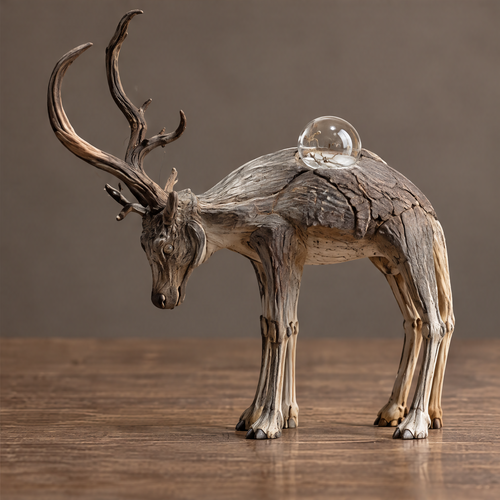 VELMIRN® driftwood elk sculpture — full product view, clean neutral background, bowing stag dark wood grain wide antlers glass orb with bare branches