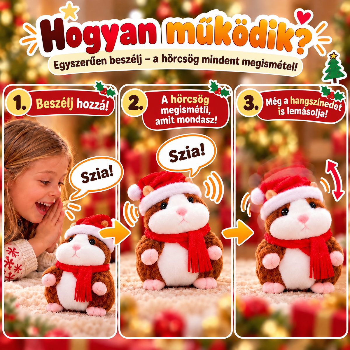 🎄 Beszélő Plüsshörcsög 🐹 – Ismétli a Szavaidat és Viccesen Bólogat! Tökéletes Karácsonyi Ajándék 🎁